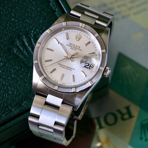 Rolex Oyster Perpetual Date Ref. 15210 (2005) Full Set | Engine Turned Bezel |Silver Dial