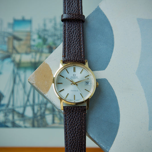 Omega Genève Automático Ref. 116. 0163 | 1973 – Esfera Blanca | Chapado en Oro